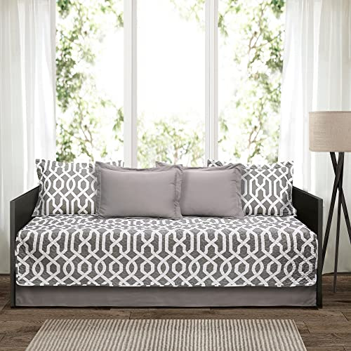 Lush Decor Edward Trellis Patterned 6 Piece Daybed Cover Set Includes Bed Skirt, Pillow Shams and Cases, 75 X 39, Gray and White