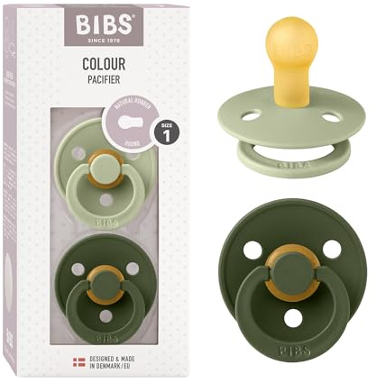BIBS Colour Soother 2-Pack, BPA Free Dummy Pacifier, Round Nipple. Natural Rubber Latex, Size 1 (0-6 Months), Sage/Hunter Green