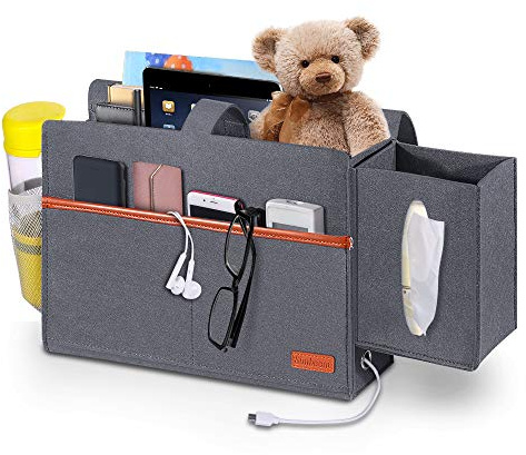 SIMBOOM Borsa Tasca da Comodino, Portaoggetti da Letto appendibile con Portabottiglie e Porta Fazzoletti, Feltro Comodino per iPad, Tavoletta, Riviste, Telecomando, Cellulare, Occhiali - Blu Grigio