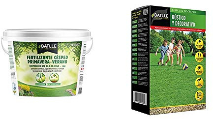 Abonos - Fertilizante Cesped Primavera-Verano Cubo 5kg - Batlle + Semillas de Césped - Césped Rústico y Decorativo 1Kg - Batlle
