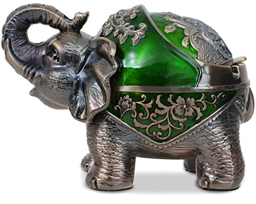 Gusnilo Stand Elephant Ash Tray Vintage Metal Ashtray with Lid - Indoor & Outdoor, Green