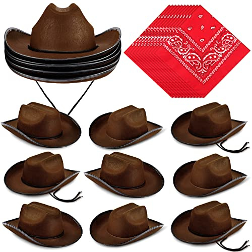 Funtery 20 Pack 10 Sets Kids Cowboy Hat, Western Hats with Red Bandanna for Birthday Party Cosplay, Halloween(Dark Brown)