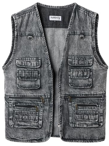 Yukirtiq Gilet di Jeans da Uomo Multitasche Giacca Jeans Senza Maniche Retro Vintage Gilet Denim Smanicato Jeans, Carbone, L