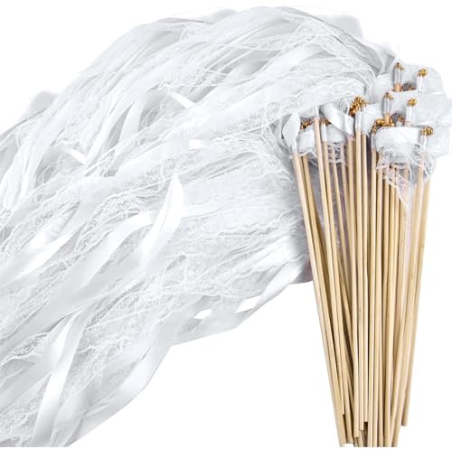 30 Stück Wedding Wands mit Glocke, Zauberstäbe Hochzeit Luftschlangen, Luftschlangen mit Holzstäbchen werden für Hochzeiten Geburtstage Partys Feiertagsfeiern verwendet (weiß 30 Stück)