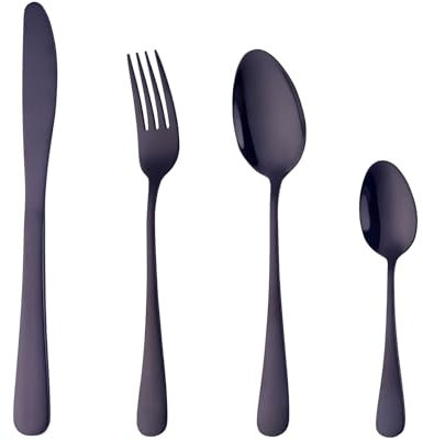 Buyer Star 16 teiliges Besteck Set, wiederverwendbares Silberbesteck aus rostfreiem Stahl, 4er Set, für den Küchentisch im Esszimmer (Schwarz)
