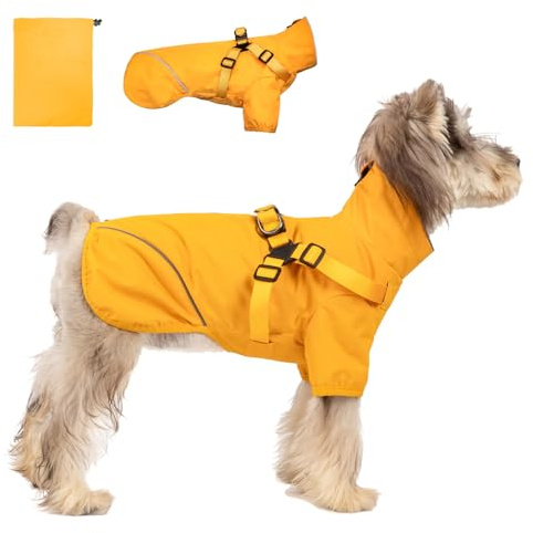 Hunde-Regenmantel für kleine und mittelgroße Hunde, wasserdichte Hunderegenjacke mit integriertem Geschirr für nasses Wetter, leicht zu tragen, reflektierender Hunde-Regenmantel, Gelb, Größe M