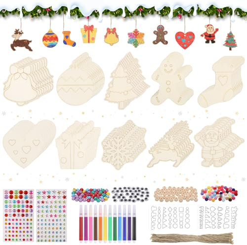 416 Pezzi Decorazioni Legno Natale Kit, Vuoto Addobbi Natalizi in Legno, Decorazioni Natalizie Fai da Te con Ricchi Accessori, Hanging Decorazioni Albero di Natale per Bambini Pittura Fai-da-te