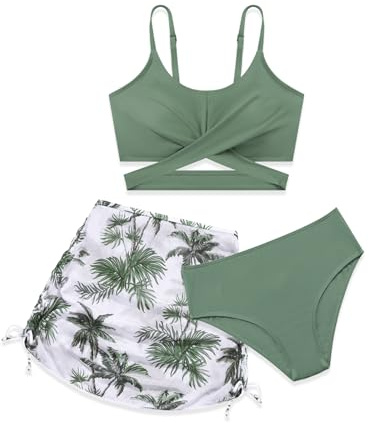 Miyanuby Maillot de bain pour fille, maillot de bain 3 pièces à bretelles spaghetti croisées, ensembles de bikini avec jupe couvrante, maillot de bain de plage, Palmier vert, 11-12 jaar