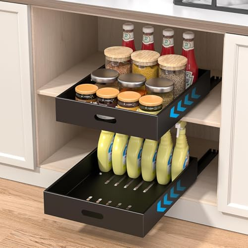 Diwoker Teleskopschublade, 1 Stück Ausziehbare Schublade Küche, Schrank Organizer Ausziehbar, Küchenorganizer ohne Bohren (Schwarz, 25x43x6cm)