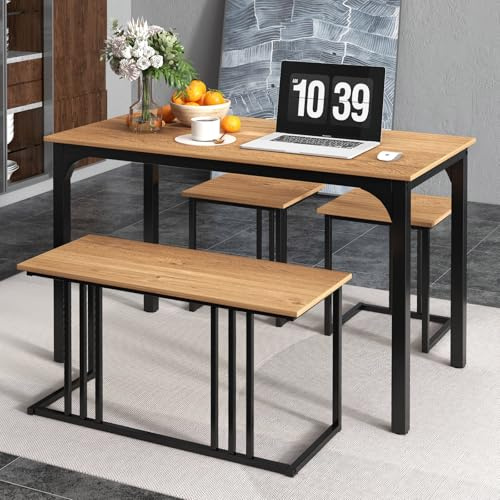 GIANTEX Set da Pranzo Stile Vintage Industriale, Tavolo con Panca e 2 Sgabelli, in Legno e Metallo, per 4 Persone, 2 Colori