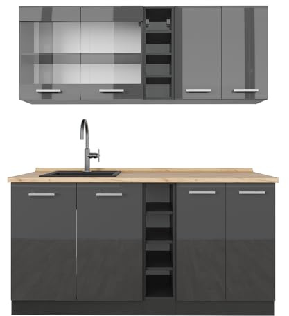 Vicco Singleküche R-Line, Anthrazit Hochglanz/Anthrazit, 160 cm ohne Arbeitsplatte, zur individuellen Erweiterung mit zusätzlichen Modulen geeignet