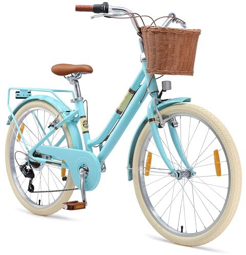 BIKESTAR Vélo pour Enfants en Aluminium à partir de 9-10 Ans | Vélo rétro de Ville 24 Pouces, 7 Vitesses, Panier, Frein en V, vélo hollandais | Bleu