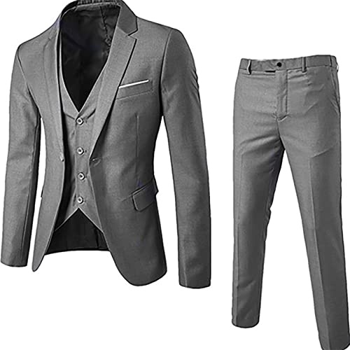 Costume formel 3 pièces pour homme, blazer à boutons, coupe ajustée, solide, business, smoking moderne, blazer de mariage, 03 - Gris, L