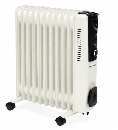 EMtronics 11 Fin Electric Portable Oil Filled Radiator 2500W Heater - White | Adjustable Thermostat and 3 Heat Settings with Castor Wheels - Designed for 25 sqm Room