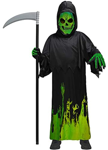 WOHPNLE Costume d'Halloween Grim Reaper avec gants et faucille Robe sombre effrayante faux yeux rouges brillants pour enfants Halloween habiller fête (s)