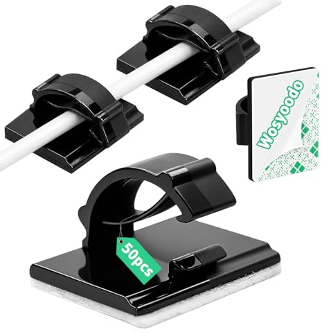 Wosyoodo 50 Piezas Clips para Cables Autoadhesivos 21x17mm, Sujetacables con Clip, Organizador de Cables Escritorio, Gestión de Cables Interior y Exterior – Pared, Escritorio, Luces de Cadena (Negro)