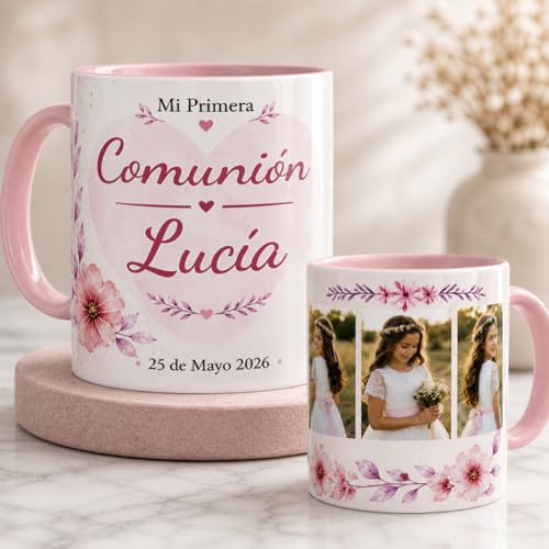 Taza Personalizada Comunión con Foto y Texto Regalo Original Invitados Recuerdo Especial Niño Niña Diseño Exclusivo Apta Lavavajillas Microondas Cerámica Resistente Blanca 350ml