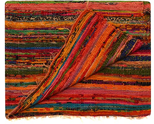 Aakriti Gallery Fair Trade Handmade Rag Rug Chindi Rug Multi Colored Indian Mat Recycled Rug Boho Decorative Rug(150x90 cms) (Orange)
