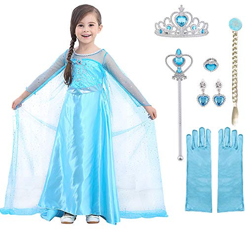 URAQT Vestito Principessa Bambina, 5 Pezzi Set da Principessa con Accessori, Carnevale Abito delle Ragazze di Natale Vestito Fantasia, Fiocco di Neve per Natale, Halloween(150cm)