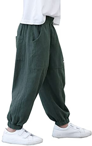 Siehin Pantalon d'été en lin pour enfant garçon - Pantalon de jogging bouffant - Pantalon sarouel - Pantalon de loisirs, vert, 146 grande taille
