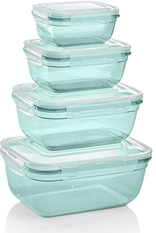 Grizzly 4er Set Frischhaltedosen (0,4L, 0,8L, 1,4L, 2,3L), rechteckig, Kunststoff, 100% luft-/wasserdicht, mikrowellengeeignete Vorratsdosen, Mint