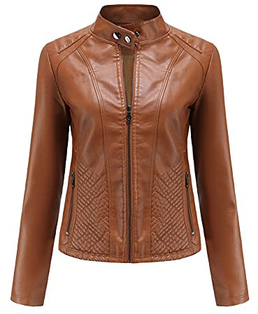 YFFUSHI Giacca bomber da donna in finta pelle da motociclista cappotto a maniche lunghe con cerniera casual, Cammello, XXL