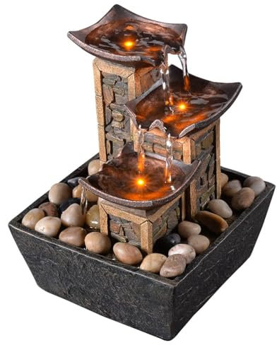 GOSSI Indoor 3-Tier Relaxation Tabletop Fountain Simulation Stone Pillar Water Fountain Soothing Sound Meditation Fountain with Natural River Rocks and Reflective Lighting Feature