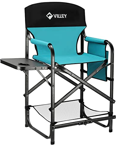 VILLEY Tall Directors Chair, Folding Camping Chairs, Makeup Artist Chair with Foot Rest, 900D Fabric for Tailgating Camp Lawn Picnic Fishing Beach, Supports 350 LBS, Blue