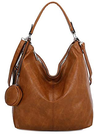 OBC Damen Tasche Shopper Hobo-Bag Schultertasche Umhängetasche Handtasche Damentasche Reisetasche Beuteltasche Leder Optik Cognac