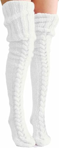 Edhomenn Calcetines altos hasta el muslo para mujer, medias por encima de la rodilla, calcetines de punto de cable para botas, calentadores de piernas largos de invierno, 04 Beige, Altoa única