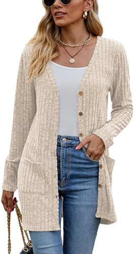 Famulily Autumn Winter Cardigans for Women with Pockets, Button Down Open Front Cardigans Sweaters for Ladies (M, Beige)