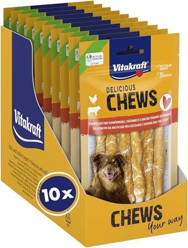 Vitakraft Delicious Chews, osso da masticare cane, bastoncini da masticare con pelle di manzo avvolta in carne di pollo, per occupazione, senza zuccheri aggiunti (10x 70g)