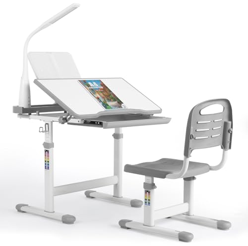 MAMIZO Kinderschreibtisch und Stuhl Set, Höhenverstellbarer Kinder Schreibtisch und Stuhl Set, Schülerschreibtisch, Jugendschreibtisch Multifunktionaler, Lampe und LesestäNder (Grau)