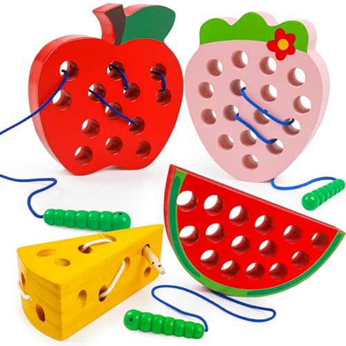 NAODONGLI Wooden Toys Lacing Toys for Toddlers 3-5,Plane Activities Car Travel Toy Montessori Educational Learning Threading Toys for Fine Motor Easter Basket Stuffers Gift for Boys Girls(4 pcs)