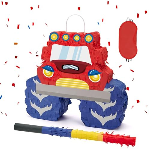 WERNNSAI Monster Truck Pinata Bundle With Blindfold and Bat | Car Theme Party Decoration Supplies Cool Car for Birthday Carnival Celebration