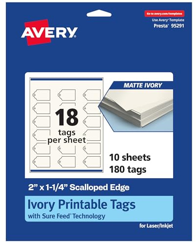 Avery Printable Rectangle Scalloped Tags, Sure Feed Technology, 2 x 1-1/4, Matte Ivory Cardstock, Print-To-The-Edge, Laser/Inkjet Printable, 180 Total, Great for Custom Gift or Branding Tags