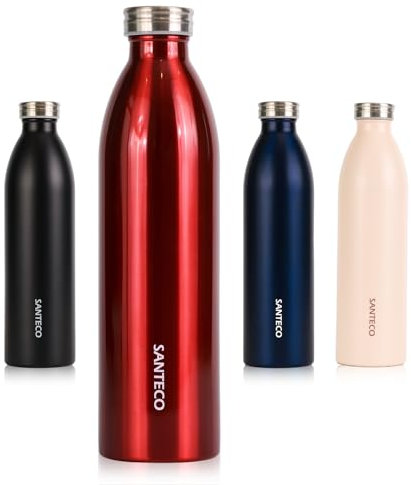 SANTECO Edelstahl Trinkflasche 1L, 100% dicht Thermosflasche 12 h heiß / 24 h kalt, absolut dicht für Schule, Büro, Sport, Outdoor