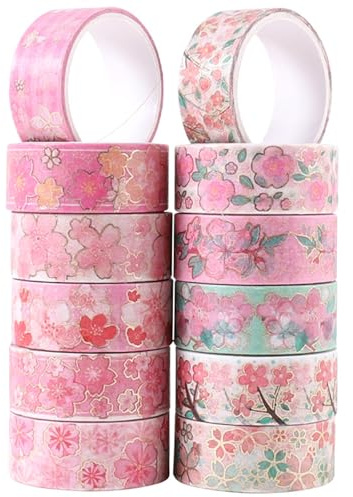 PLUSHCEWT 12 Rolls Washi Tape Set Box, Sakura Hot Foil Stamping Paper Tape, Decorative Adhesive Tapes for Scrapbooking, DIY Crafts, Bullet Journals, Gift Wrapping, Planner Supplies (Flower-A)