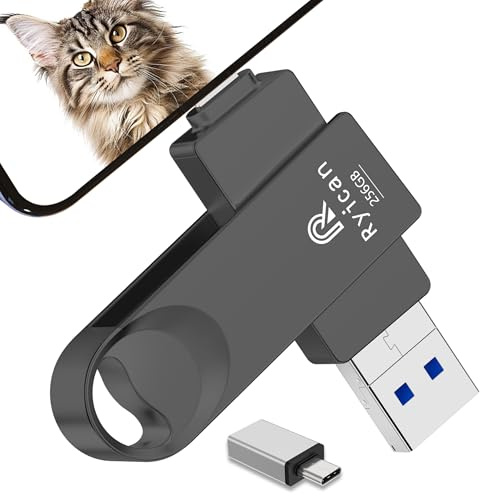 [Sin App] Pendrive para lPhone, Ryican 256GB Memoria Externa 4 in 1 Pen Drive USB C 3.0 Mini Pendrive es Ideal para Viajeros,Estudiantes y Trabajadores para iOS/Pad/Android/Teléfono/PC,Negro