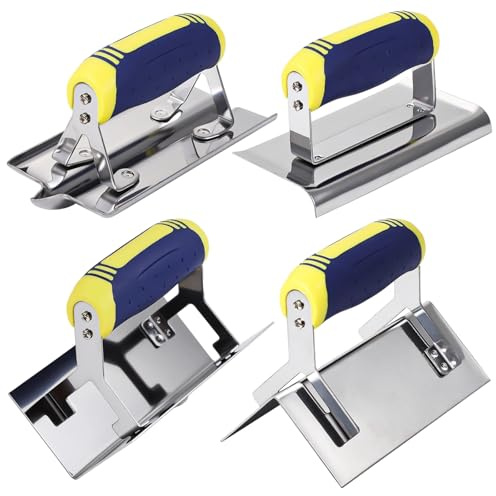 Set di 4 attrezzi in acciaio inox per calcestruzzo, include scanalatrice, bordi, cazzuole angolari interne ed esterne, metallo antiruggine con manico antiscivolo, cemento, malta, intonaco, lavori di