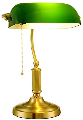 Lampada da tavolo, tutta lampada a banco di rame, smeraldo in vetro verde paramata dello studio retrò classico illuminazione classica camera da letto leggera lettura, E27, con interruttore a trazione