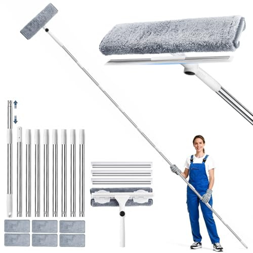3,85m Lavavetri Telescopico, 2 in 1 Kit Pulitore Vetri Finestre con Tergivetro in Silicone e Microfibra, Testa a 180°, Lavavetri Professionale per Vetro Finestre Alte Interne/Esterno