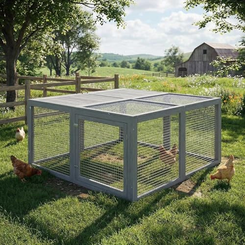 Folding Chicken Coop & Rabbit Hutch, Portable Wooden Cage with 2 Doors, Easy Setup for Indoor/Outdoor Small Animals & Poultry, Grey