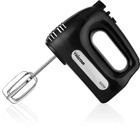 Tristar MX-4201 Batidora de varillas, Batidora y Amasadora para repostería, 6 Velocidades y función turbo, incluye 2 ganchos de amasado y 2 varillas, 300 W, Negro
