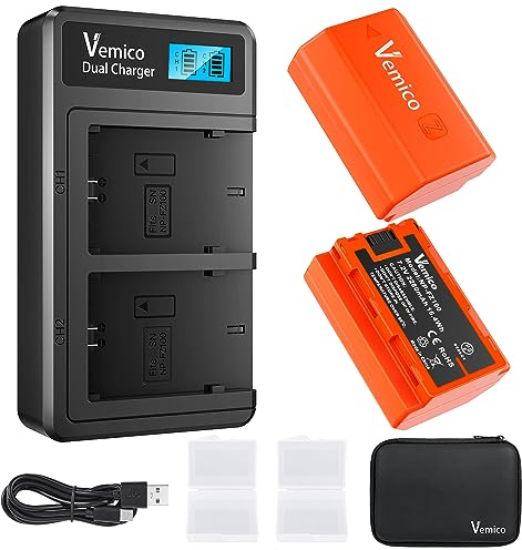Vemico NP-FZ100 Akku Ladegerät Kit 2 Pack 2280mAh Ersatzakkus Typ C LCD Dual Ladegerät für Alpha A7III/ A7R III/A7 IV/ A7R IV/ A9/ Alpha 9/ A7R3/ A6600 Digitalkameras (Vollkompatibel mit Orginal)