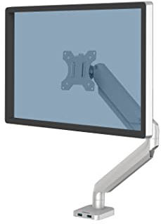 Fellowes Single Monitor Arm - Platinum Series Mount for 8KG 32 inch Screens - Ergonomic Adjustable Arm Desk Mount - Tilt 45° Swivel 360° Rotation 360°, VESA 75 x 75/100 x 100 - Silver
