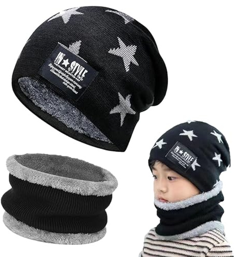 Gxlaihly Gorro de invierno para niños,Conjunto de Gorro de Punto Invierno Térmico y Bufanda para Niños,Gorra con bufanda de punto con Forro de Lana para Niños y Niñas, 4-15 años (negro)
