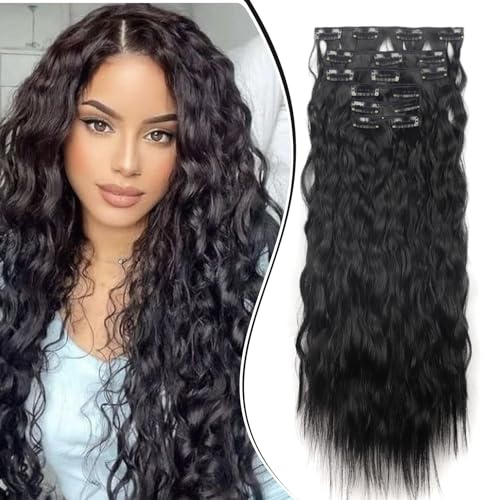 Gairyan Clip in Extensions hårdel vågigt hår förlängning som äkta hår hårförlängningar clip i 6 st 50 cm svarta hårförlängningar, långa lockiga vågor, syntetiskt hår för kvinnor