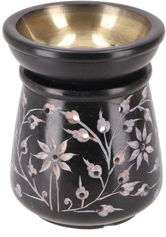 GURU SHOP Indisk doftlampa, eterisk oljediffusor, värmeljushållare för aromaterapi, aromlampa av bajsten – runt blommönster 1, svart, 7,5 x 7,5 x 7,5 cm, doftlampor och oljelampor