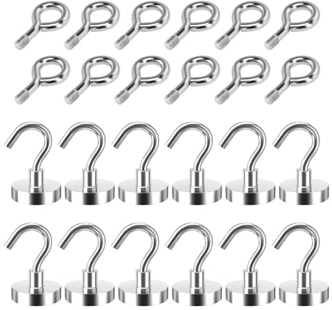 logei Lot de 12 crochets magnétiques avec crochets magnétiques pouvant contenir 48LBS (22 kg), aimants en néodyme de 25mm avec crochet super puissant pour cuisine, garage, réfrigérateur, porte-clés